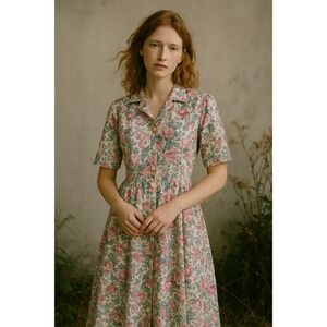 Vintage 80s Floral Midi Dress Garden Cottage Prairie Country Shabby Chic Church